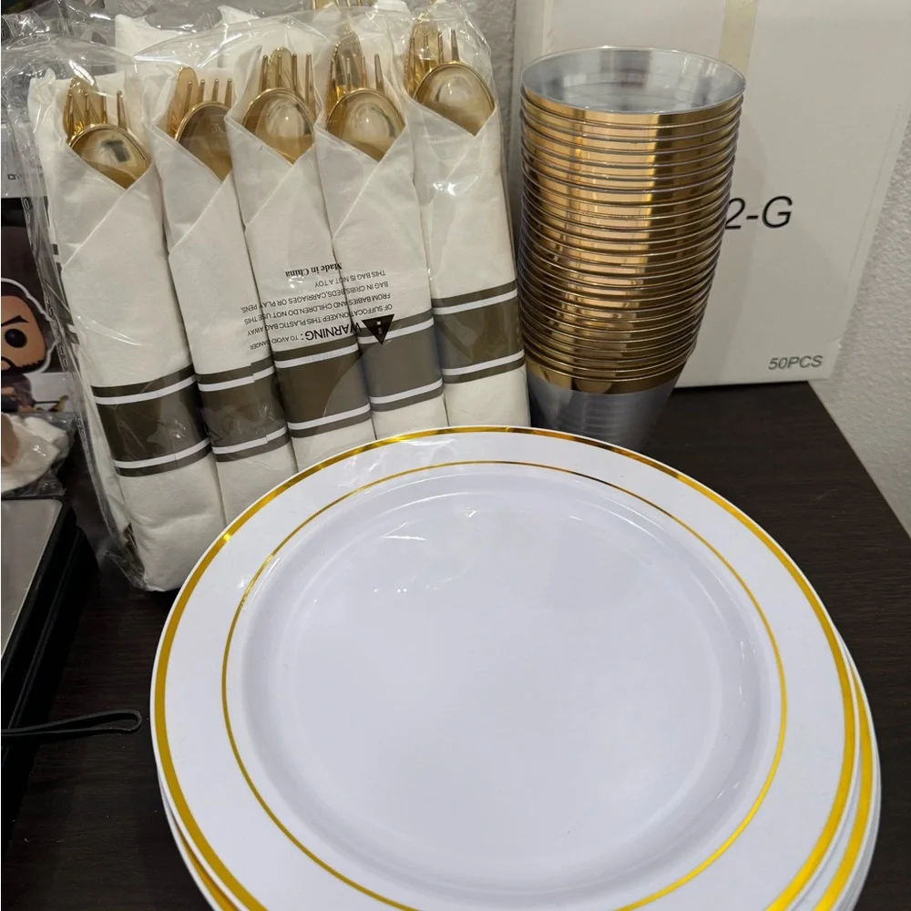 Plastic Party Set Gold and White Plates Utensils Cups